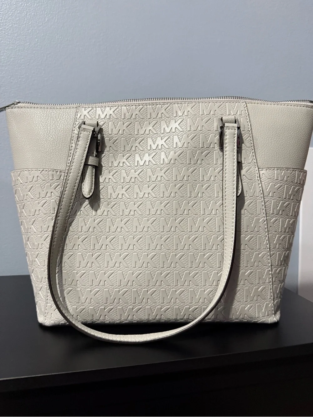 Michael Kors Ivory MK Logo Tote with Silver Charm